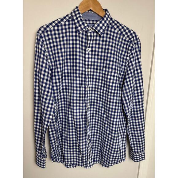 JOHNSTON & MURPHY Other - EUC Johnston Murphy Textured Cotton Dress Shirt Mens L Blue Check Plaid Button